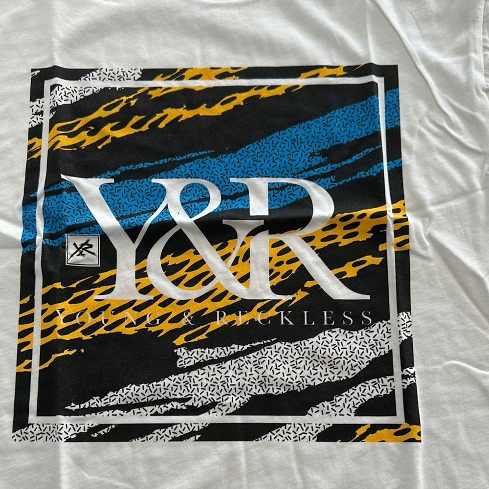 Young & Reckless White Tee‎ with Blue and Yellow Graphic